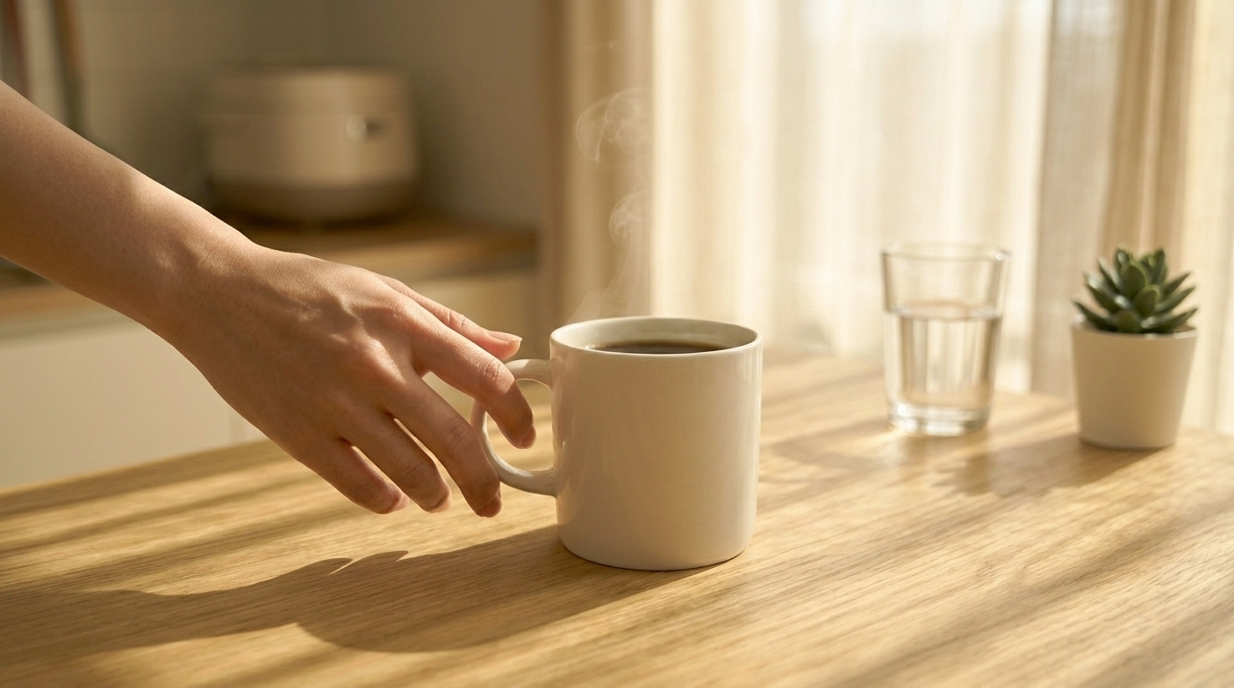 코르티솔 일중 변동 그래프와 최적 카페인 섭취 시간대 — 기상 후 60~90분 권장 구간 표시