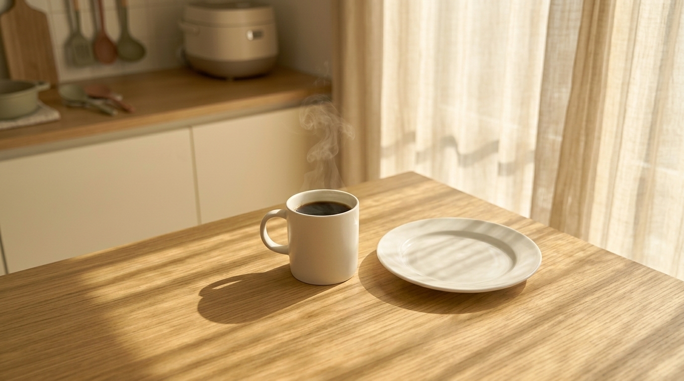 아침 공복 상태에서 김이 오르는 블랙커피 한 잔 — 공복 커피 영향 가이드 대표 이미지